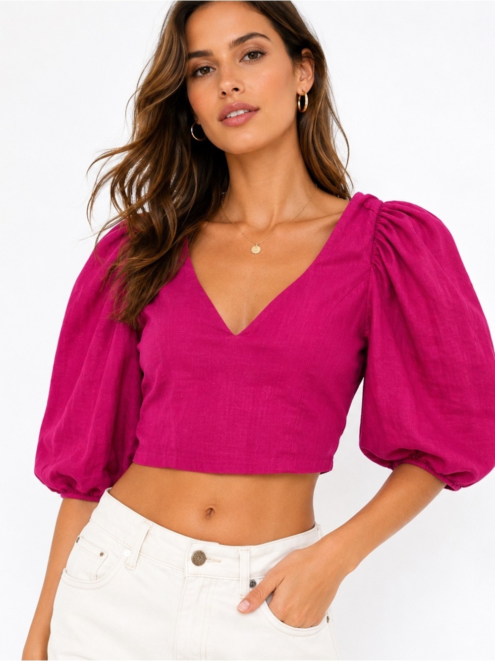NWT Express Fuchsia Linen Blend Puff Sleeve Crop Top XL
